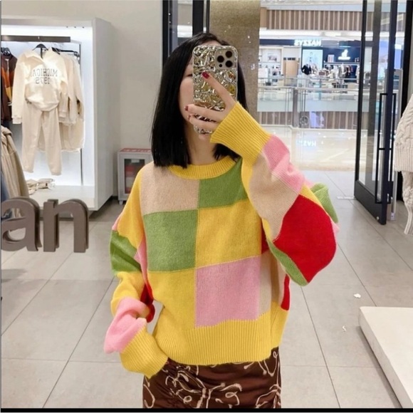 Zara Bright Checkered Crop Crewneck Sweater Size M ASO Alia Bhatt & Kriti Sanon - Picture 3 of 16